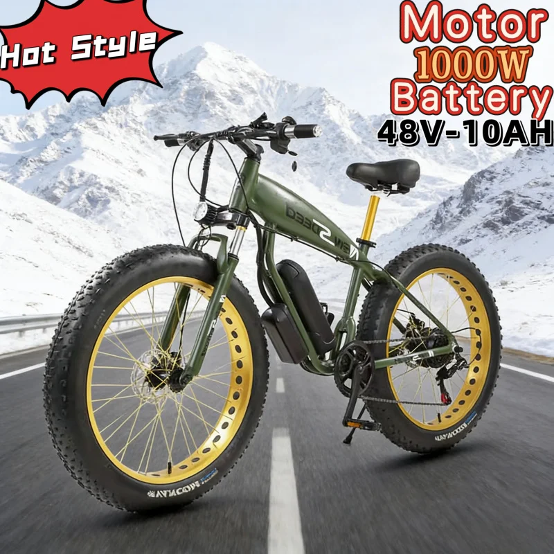 

26-inch fat tire mountain E-Bike, 1000W powerful motor all-terrain electric bicycle 48V10AH battery urban adult electric moped