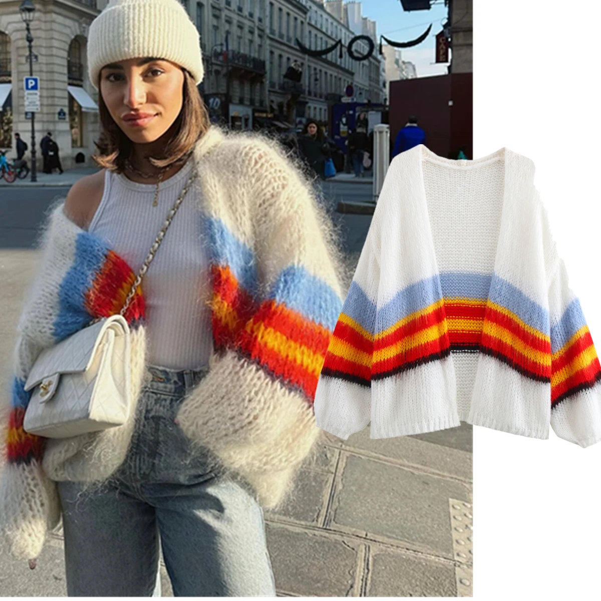 

Jenny&Dave Winter Sweaters Colorful Striped Sweater Mohair Knit Cardigan Fashion Blogger Jacket Women