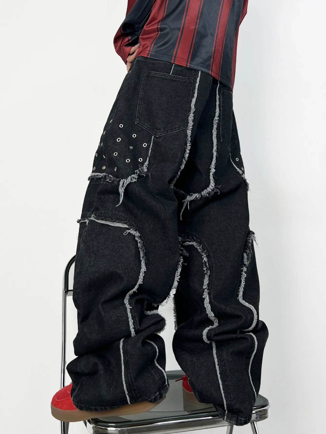Men's Jeans Retro Y2K Streetwear Wide-Leg Jeans, Frayed Hem Men's Casual Denim Trousers,All Seasons No Belt/Accessories Included