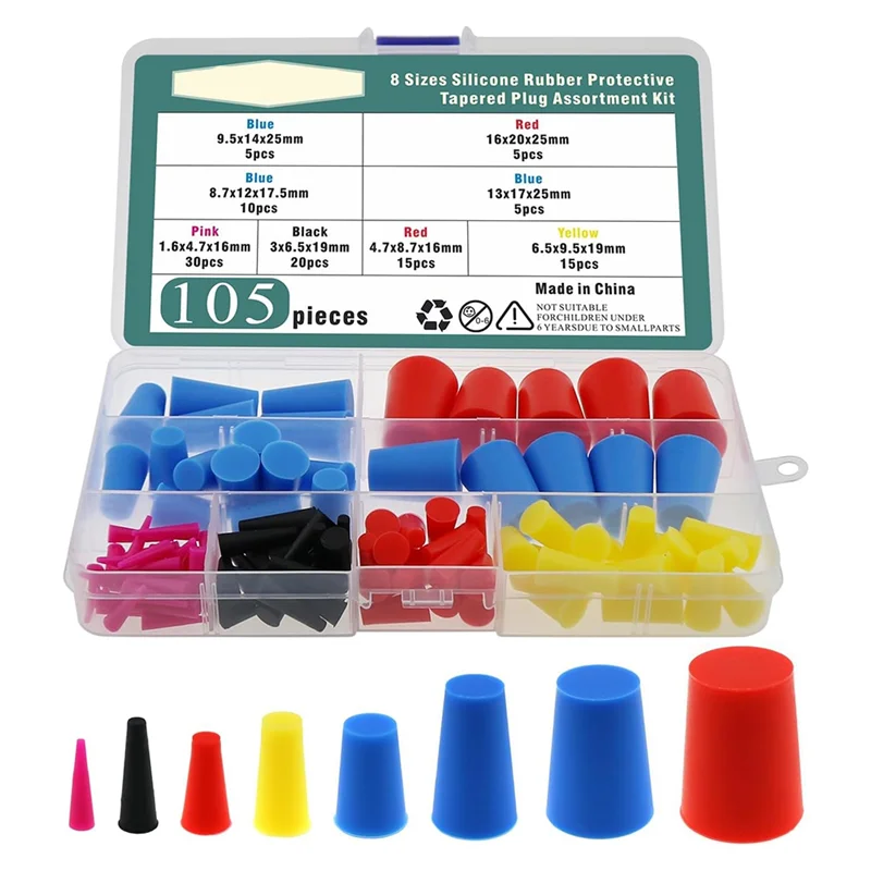 

A92P 105Pcs High Temperature Silicone Protection Plug Set 8 Sizes Colorful Tapered Silicone Plugs For Powder Coating