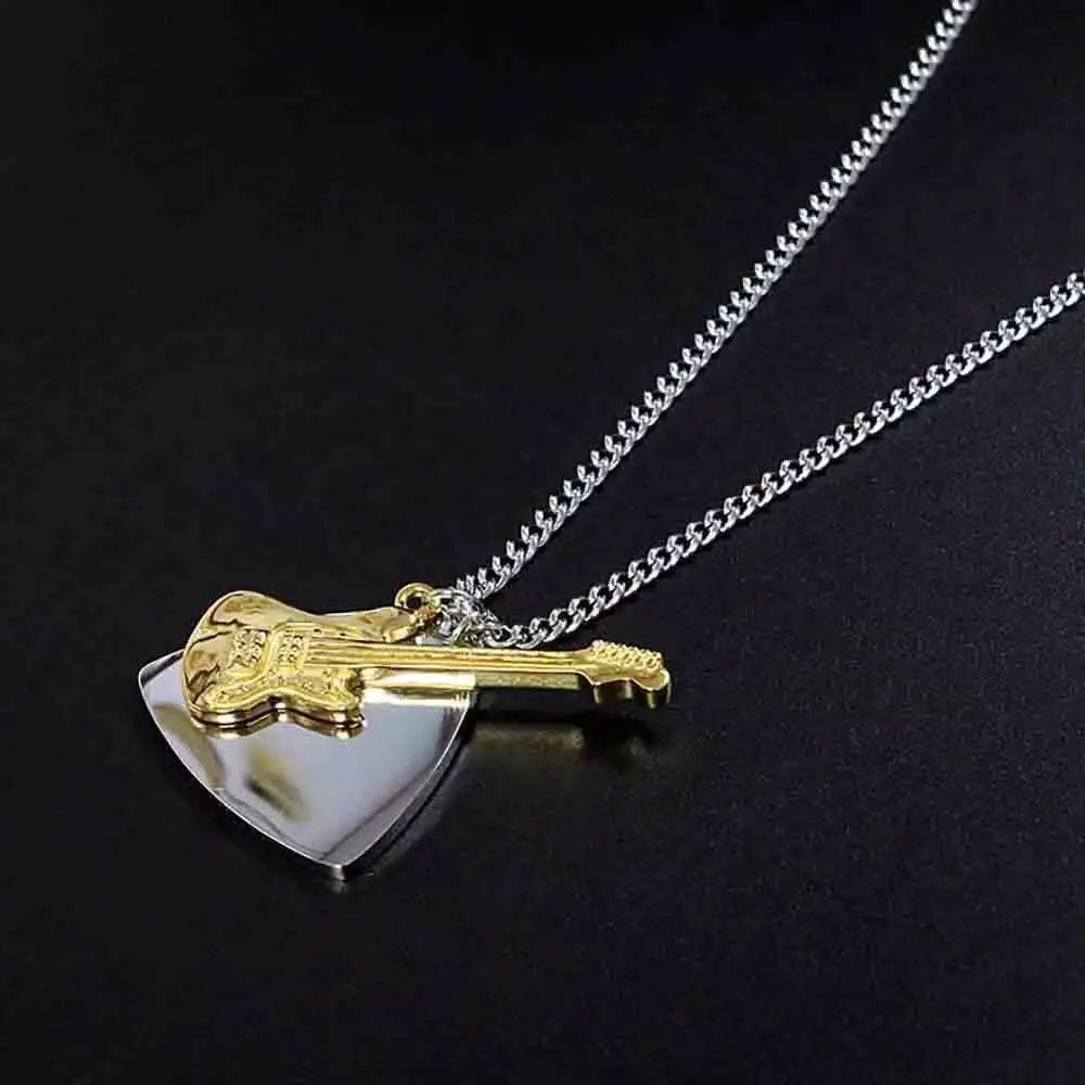 Stainless Steel Guitar and Pick Pendant Necklace for Men Women Hypo Allergenic Surgical Grade Rocker Musician