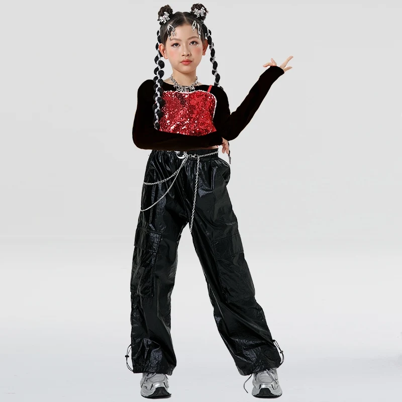 2025 Girls Group Black Shirts Red Sequin Vest Hiphop Pants Suit Jazz Dance Performance Costumes Kids Hip Hop Stage Wear DQS18352