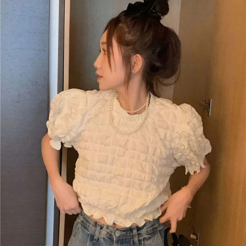 Korean Sweet Solid Color Chiffon Shirt Summer O-neck Pleated All Match Puff Sleeve Shirt Small Fresh Fashion Top Women Clothing