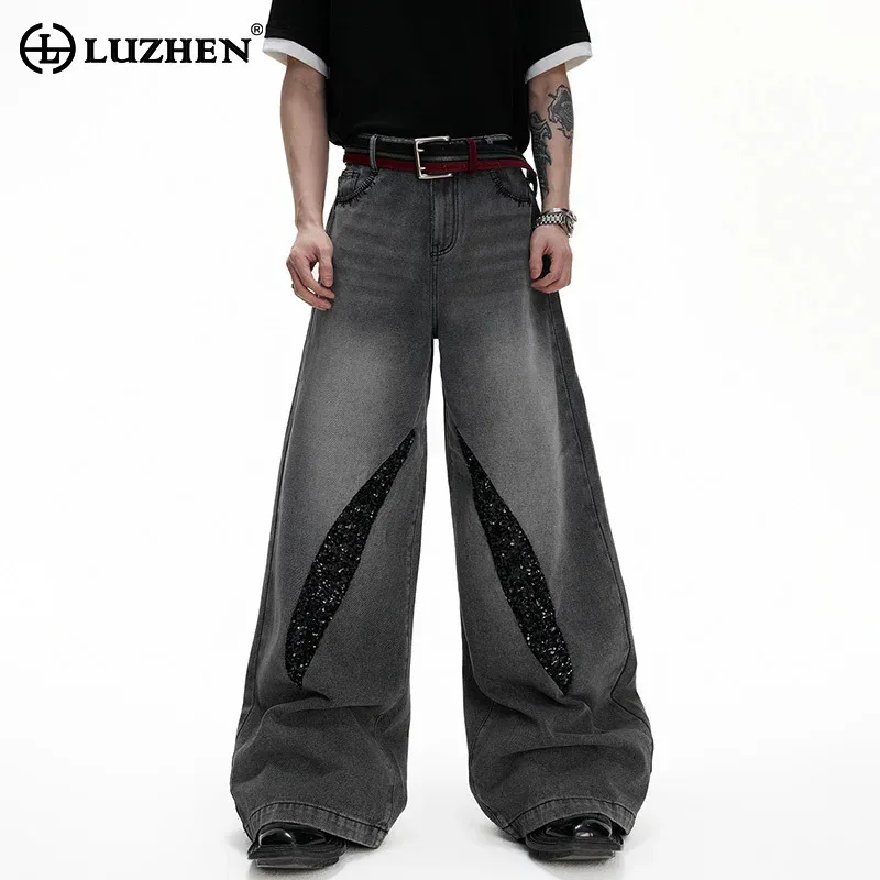 

LUZHEN Original Niche Sequin Patchwork Design Loose Wide Leg Denim Pants Men's High Street 2025 New Luxury Straight Jeans JY2957