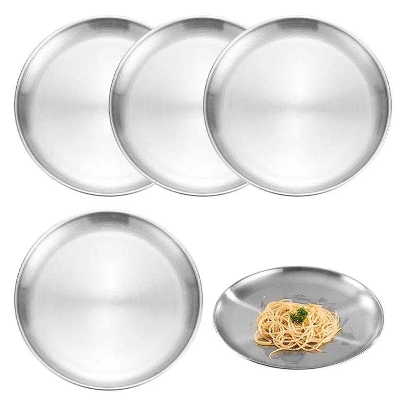 BEAU-Pack Of 5 Stainless Steel Plates, 20 Cm Stainless Steel Round Tableware, Sturdy Stainless Steel Plates, Camping Plates