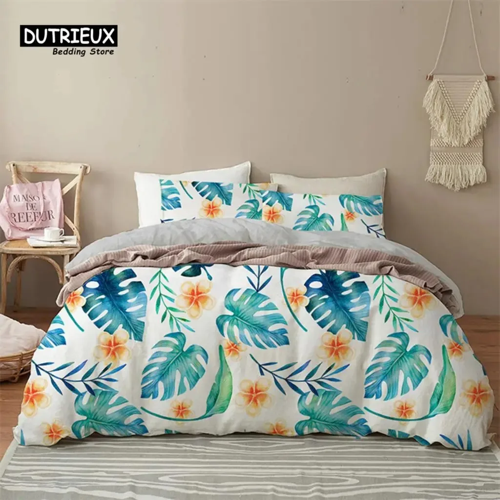 

Green Palm Leaf Floral Bedding Set Tropical Leaves Flowers Animals Duvet Cover Microfiber Comforter Cover For Adults Kids Decor