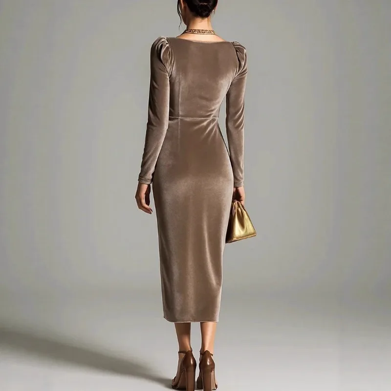 Frauen Vintage Samt 3D Blume Geraffte Sexy Split Elegante Party Kleider V-ausschnitt Langarm Bodycon Midi Kleid Vestidos