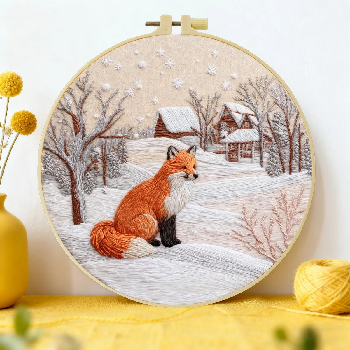 1 Stück 20X20CM/15X15CM 7,87/6,3 Zoll Der Fuchs im Schnee Stickerei-Starter-Kit DIY-Kit DIY-Stickerei-Set Handarbeiten – Detail 1