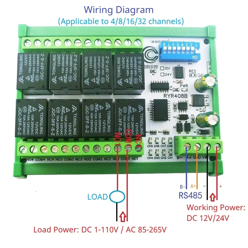 

8CH DC 12V 24V Modbus Relay Module(DIP Switch Set Parameters) RYR408B