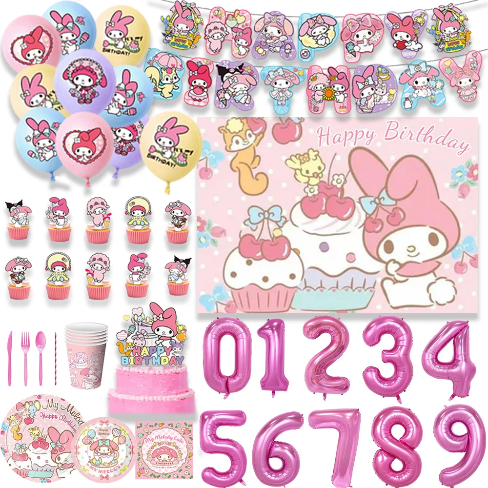 

Sanrio Melody Girl Birthday Party Decoration Disposable Tableware Cake Topper Plate Banner Balloon Set Pink Backgound Supplies