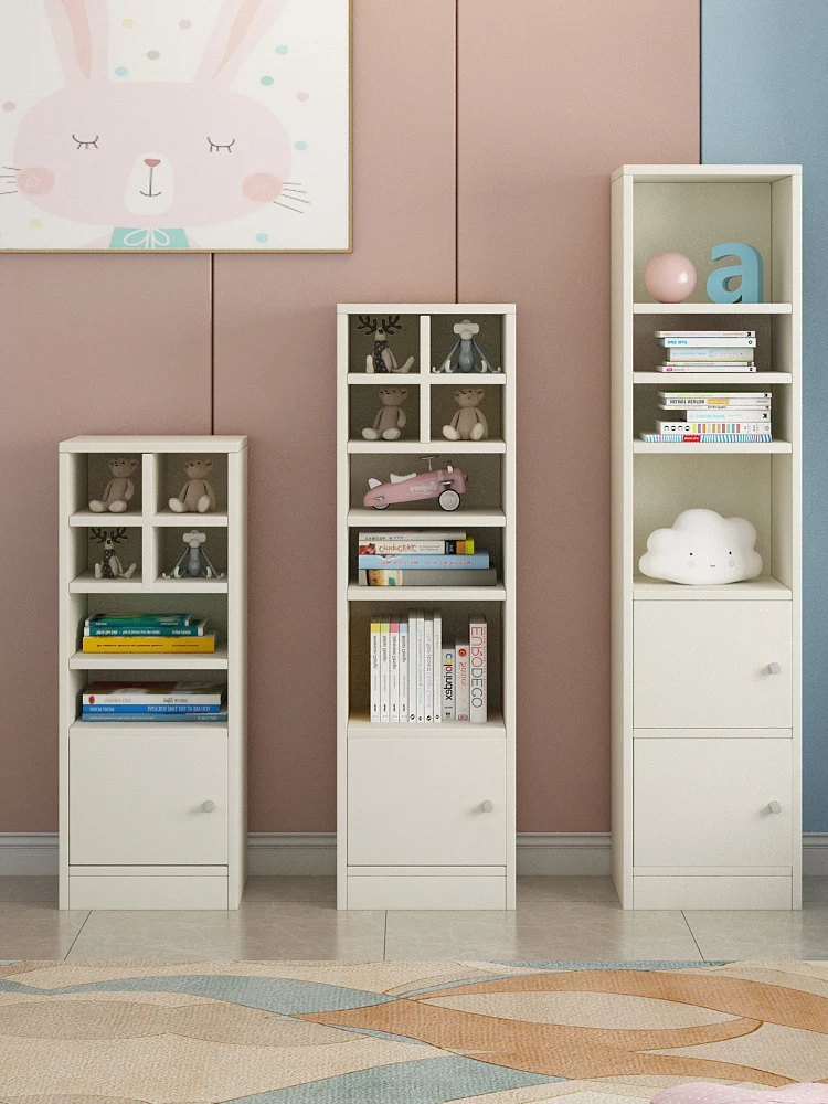 Floor standing small storage rack, living room bookshelf, narrow wall cabinet, white solid wood simple bookshelf