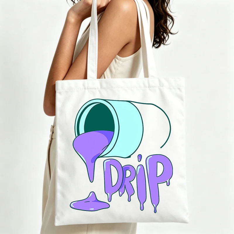 paint bucket and drip graphic canvas tote bag, streetwear style for daily shopping and casual outings