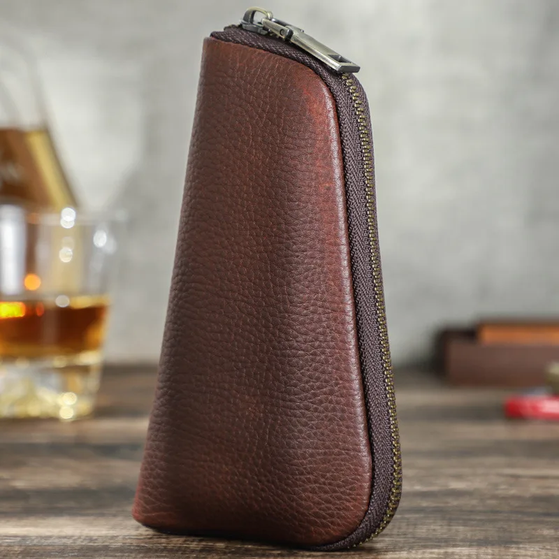 New Retro Crazy Horse Milled Cowhide Pipe Bag Travel Portable Cut Tobacco Pipe Leather Storage Bag