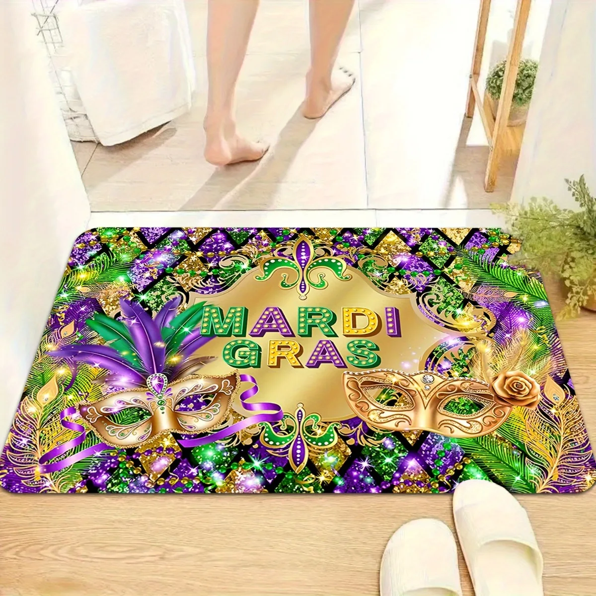 VIKAMA Mardi Gras Doormat Carnival Mask Feather Purple Green Gold Glitter Print Non‑Slip Washable Soft Rug Kitchen Indoor Decor
