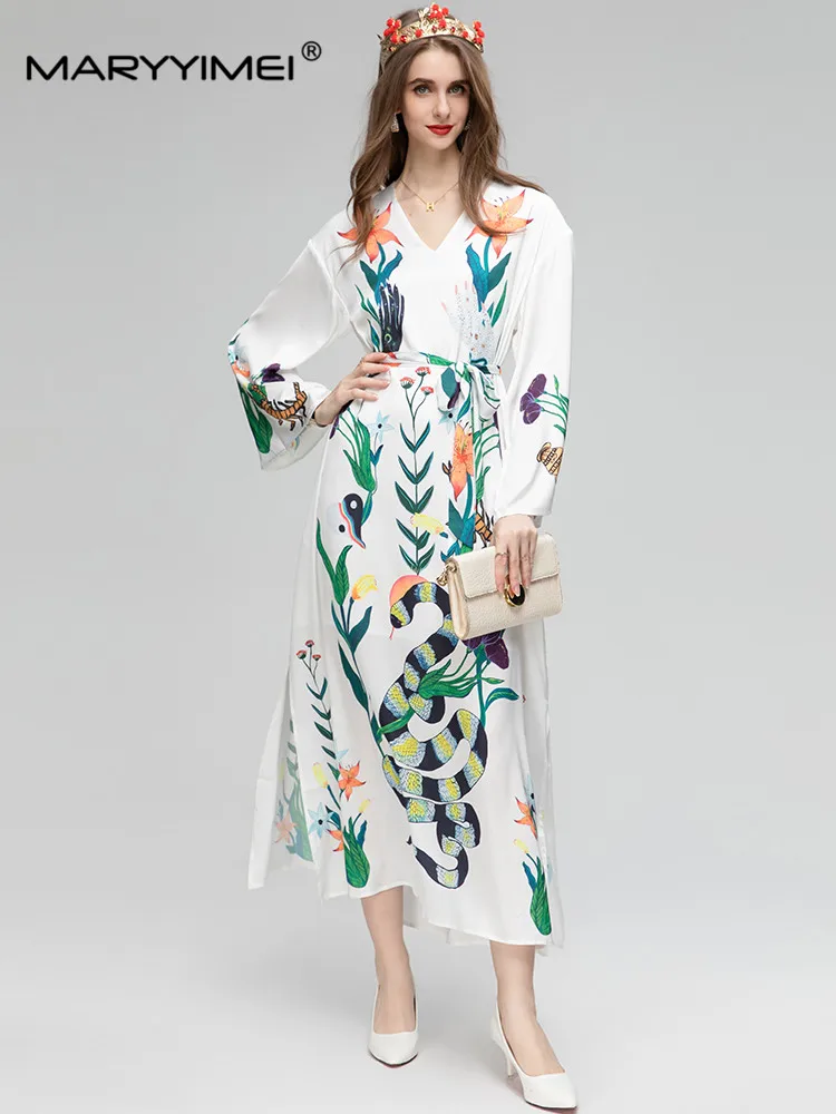 

MARYYIMEI Autumn Fashion Designer Women's dress V-neck Long sleeved Floral-Print Lace up Loose robe Dresses