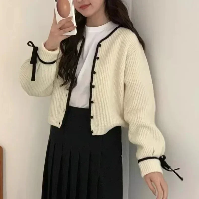 French Style Cardigan Sweet Bow Knitted Sweater Coat Knitwear Casual Simple Solid Women Clothes 2024 Autumn Winter Warm Tops