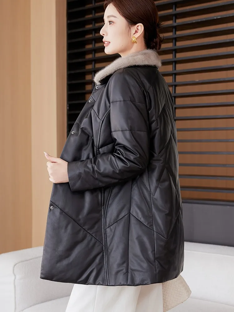 الشتاء النساء واحدة الصدر جلد طبيعي أسفل سترة فرو المنك طوق سليم صالح ملابس خارجية جلد الغنم الحقيقي منتصف طويلة معطف السيدات #5