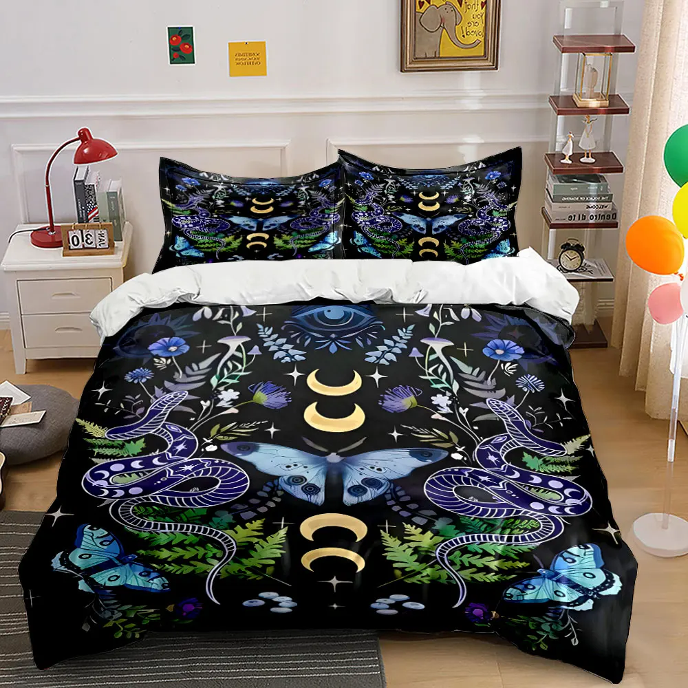 Mysterious Pattern Moon Elements Flora and Fauna Butterflies and Snakes Print Bedding Set 1 Duvet Cover 2 Pillowcases for gifts