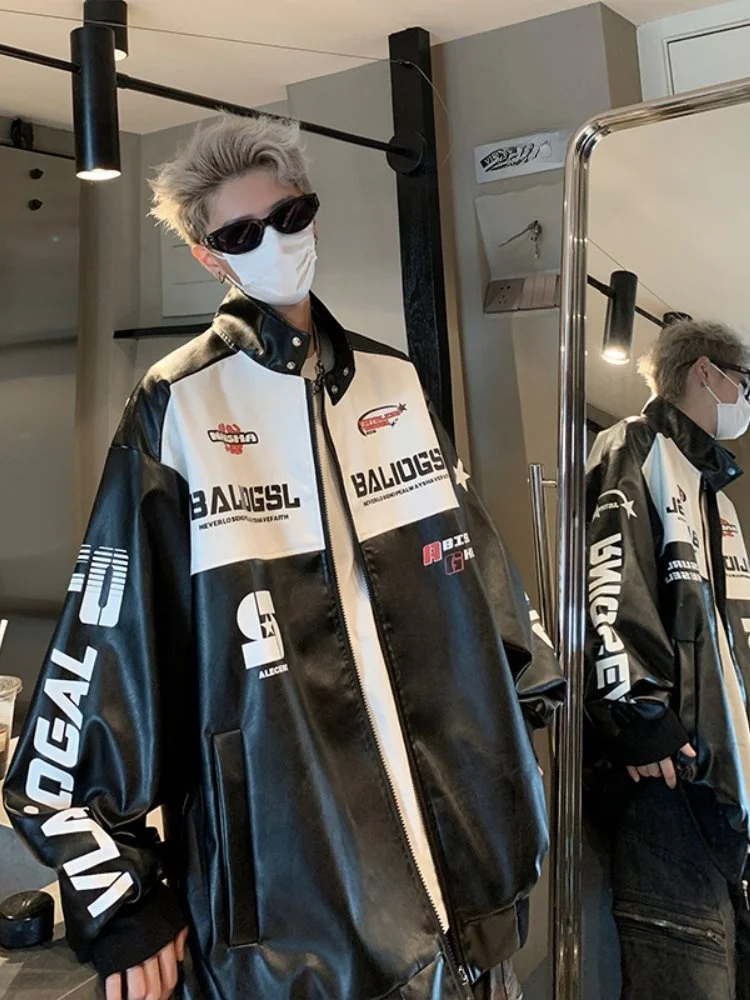 

Мужская мотоциклетная куртка из искусственной кожи Color Blo, осенняя, в американском уличном стиле, гоночный костюм, модная куртка-пилот