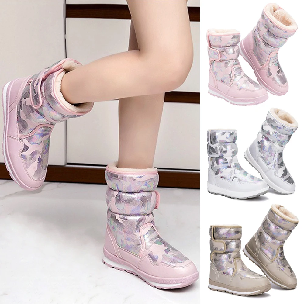 

Winter Fluffy Children's Winter Snow Boots Boys Girls Warm Plush Cotton Shoes Kids Parent-child Waterproof Camouflage Ankle Boot