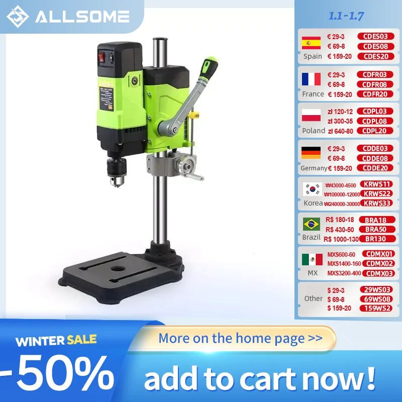 Allsome BG-5167 Bench Drill Press,Variable Speed Benchtop Drill Machine,6-Speed,Green