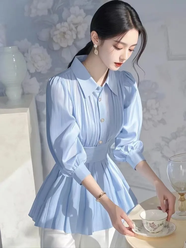 Summer Elegant Shirt Women Blue Pleated Spring Fall Slim Blouse Turn-Down Collar Tops 2025 New