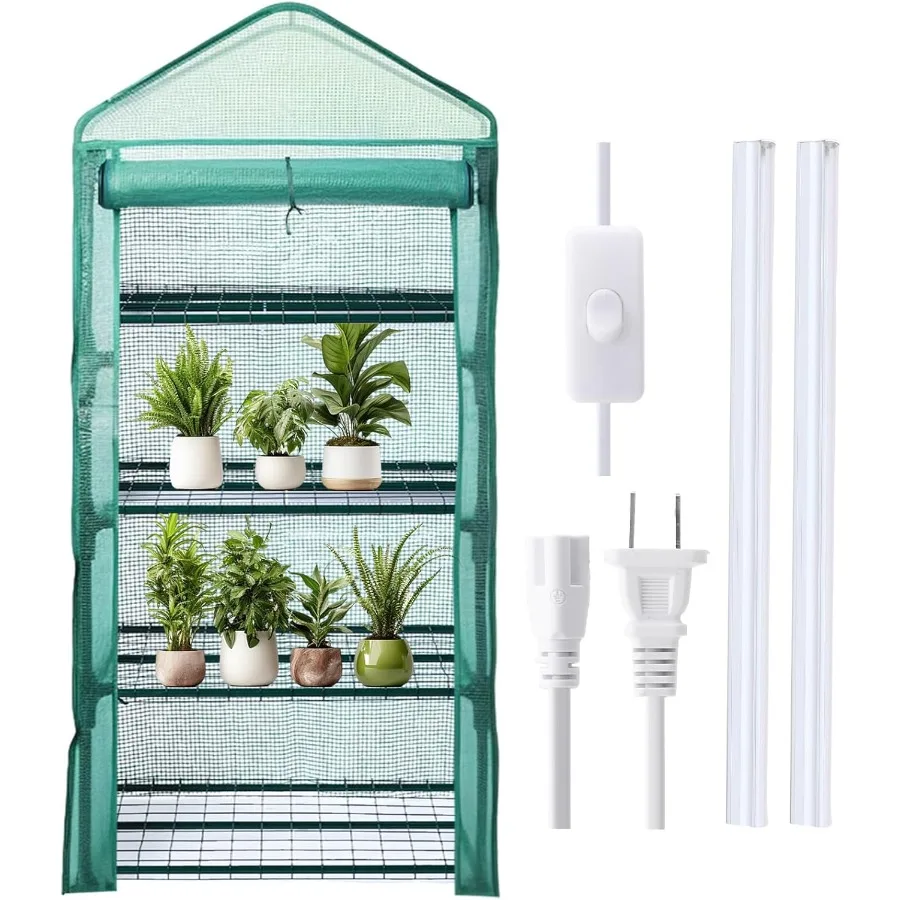 

Baquler 4 Tier Mini Greenhouse Indoor Outdoor with 2 Grow Lights 62'' H x 27'' L x 19'' W PE Cover Portable Winter Vented Green