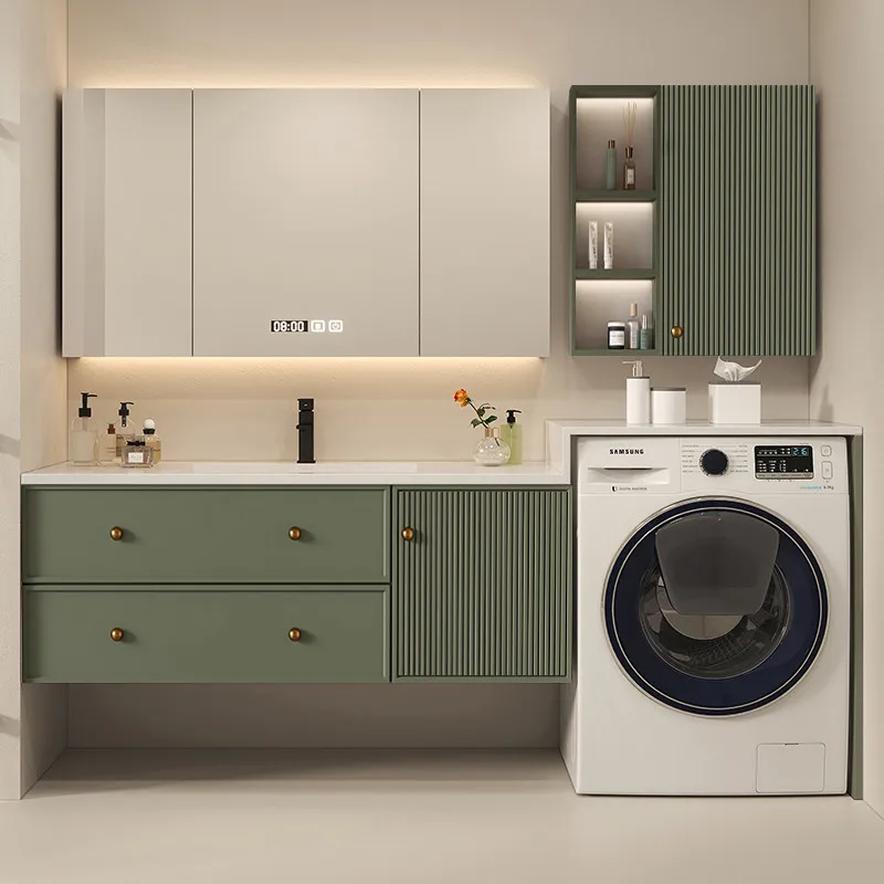 

Комбинированный шкаф для стиральной машины на балконе с интегрированной раковиной, столешницей и туалетным столиком из дуба для ванной комнаты