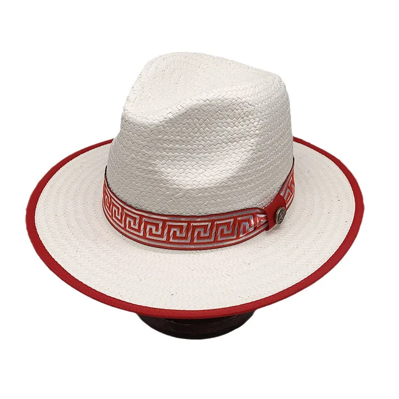 

Hot Sale Chinese Elements Back Shape Decorative Band Jazz Straw Billycock Fedora Hat Summer Vacation Straw Hat