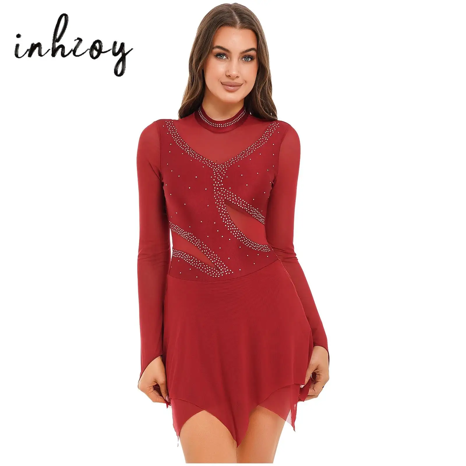 

Женское танцевальное платье для фигурного катания, Сетчатое платье с длинным рукавом и вырезом на спине, гимнастическое трико, костюм для выступлений на сцене