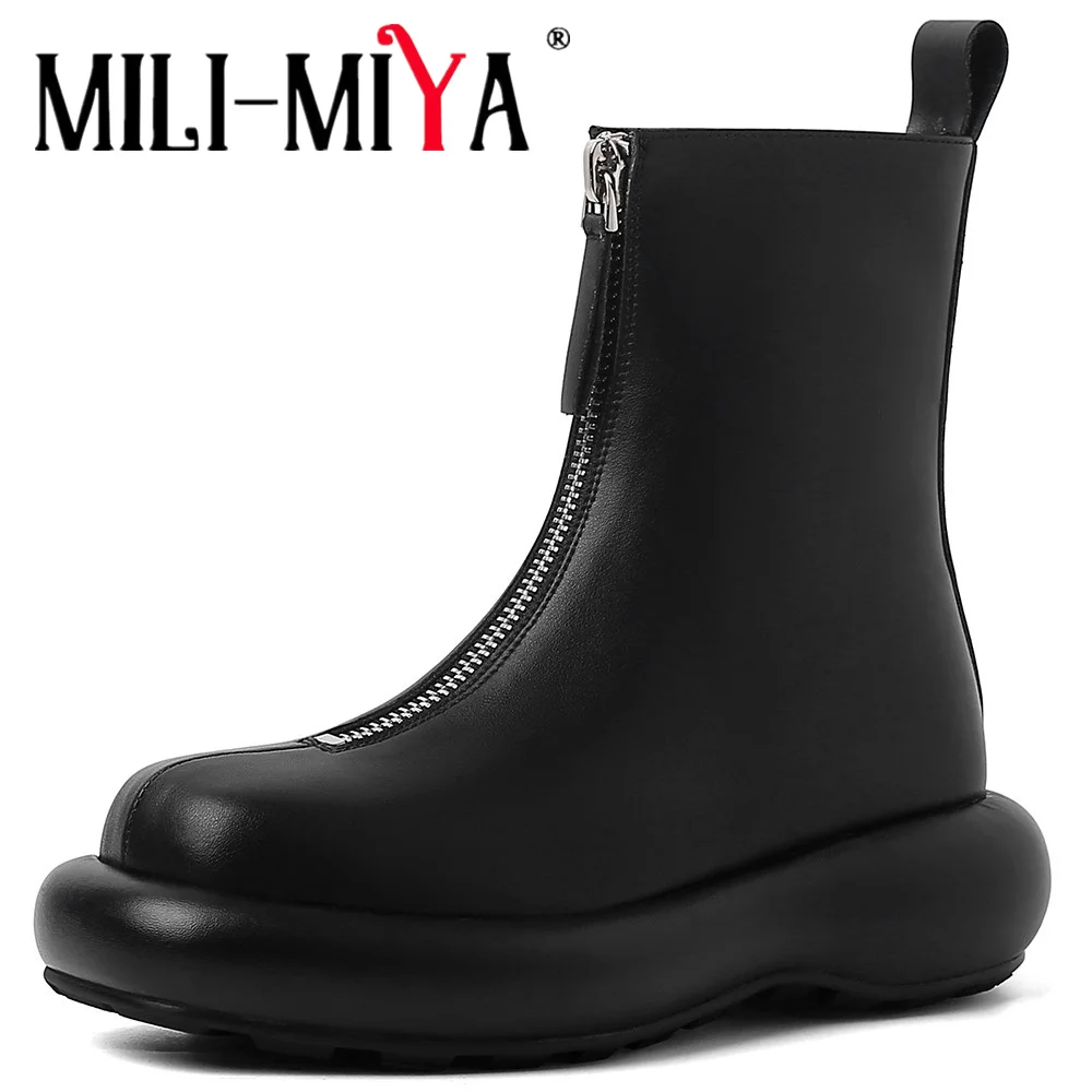 

MILI-MIYA Fashion Middle Zippers Women Cow Leather Ankle Boots Round Toe Platform Flat Heels Solid Color Casual Street Shoes