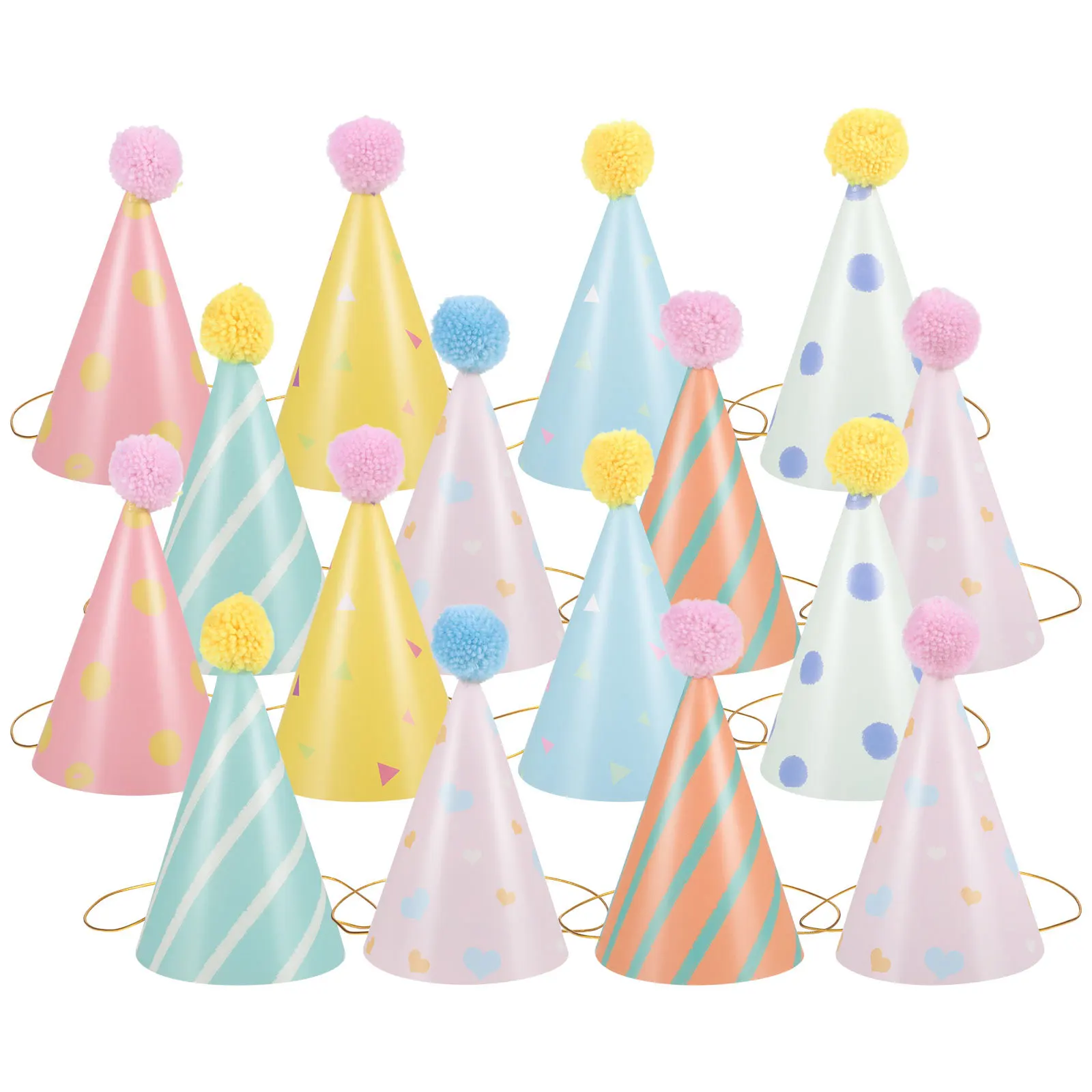 

16Pcs Birthday Hats Paper Cone Caps Pompom Party Headwear Adult Birthday Party Photo Booth Props New Years Eve Hats
