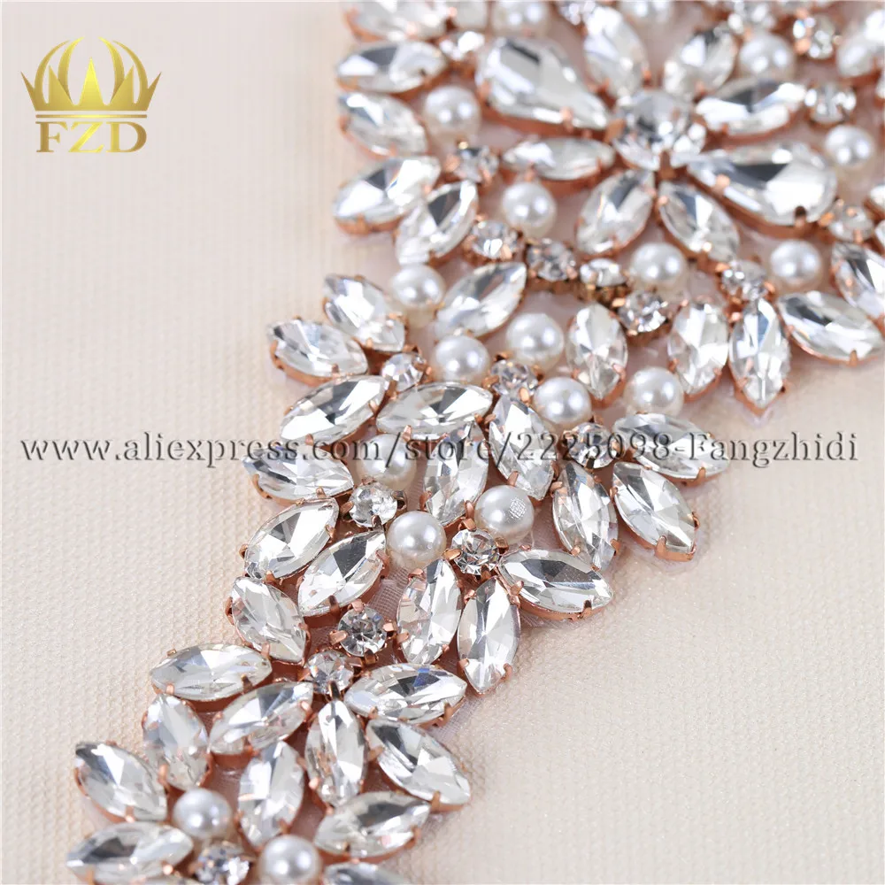 (1 piece) Wedding Rhinestones Applique Crystal Hot Fix Rose gold Clear Rhinestones Designs for Bridal Sash or DIY Wristbands