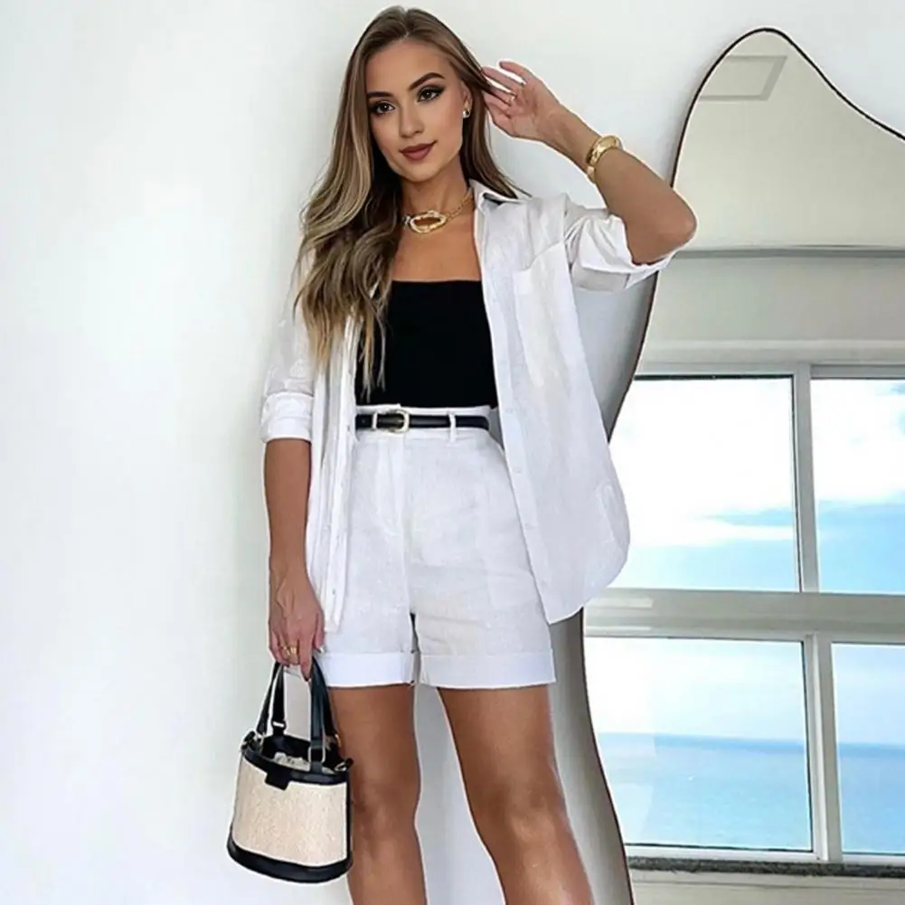 Women Suit Set Women\'s Commute Outfit Set with Long Sleeves Blouse High Waist Pants Belt Solid Color Shirt Shorts Set for A