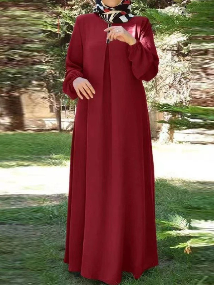 Abaya Muslim Women Clothing Solid Color Robe Long Sleeved Loose Round Neck Dress Vintage Loose Kaftan One Piece Set Gown 2024