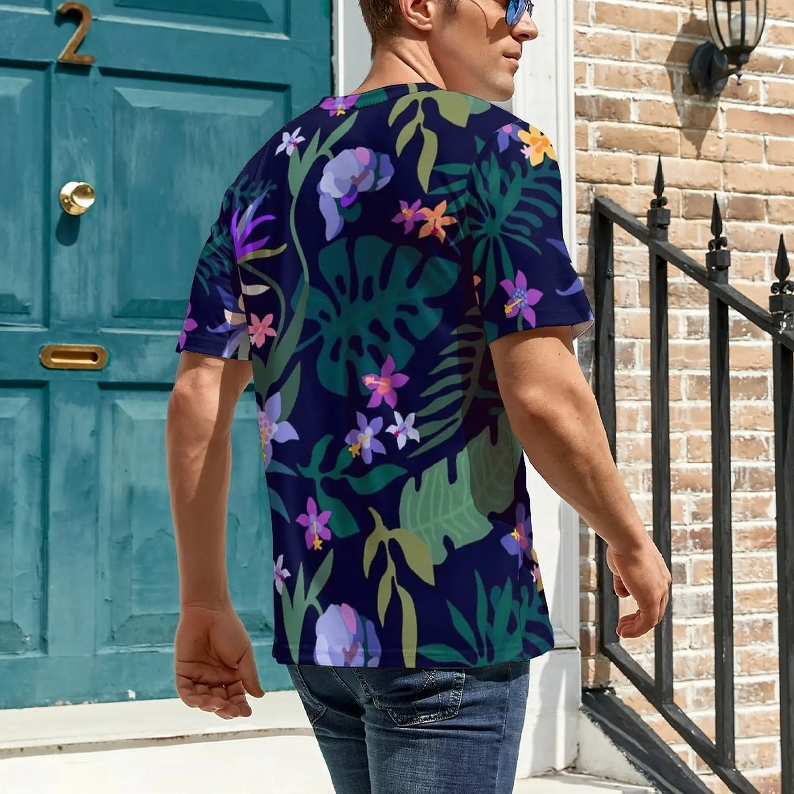 Night Tropical Floral T-Shirt For Man Flowers Print Custom O Neck T-Shirts Summer Hippie Tops Streetwear Oversized Tee Shirt
