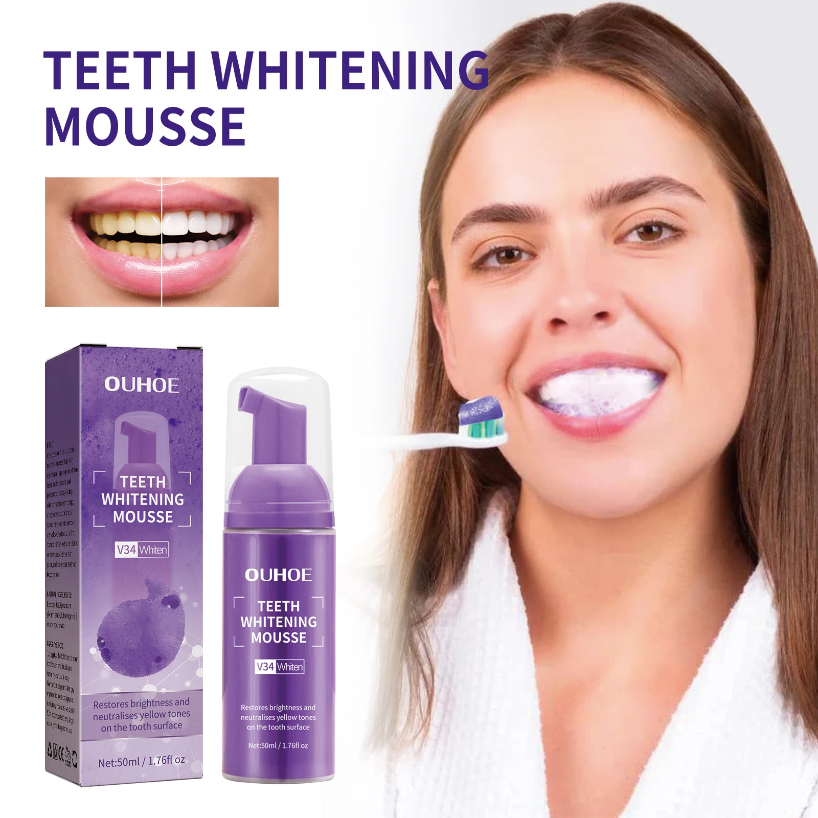 

Teeth Whitening Mousse Toothpaste – Cleans oral dirt, cares for yellow teeth, freshens breath, whitens teeth