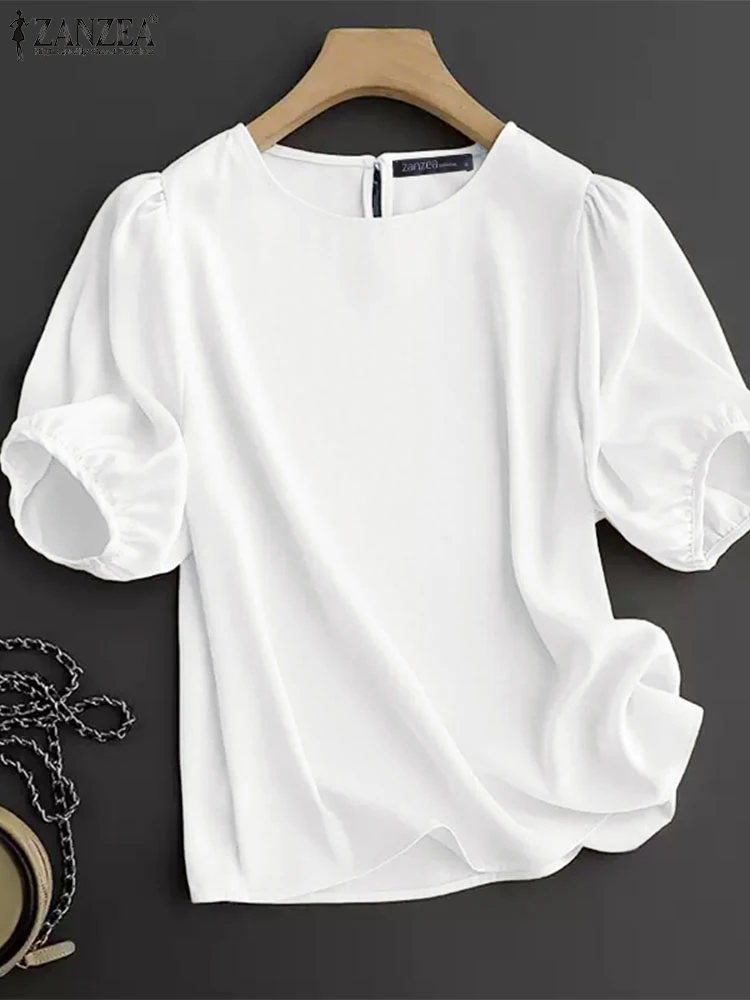 2025 Camicetta estiva da donna ZANZEA Camicia da lavoro solida a maniche corte casual Elegante ufficio Top in raso Elegante O Collo Blusas allentate Tunica