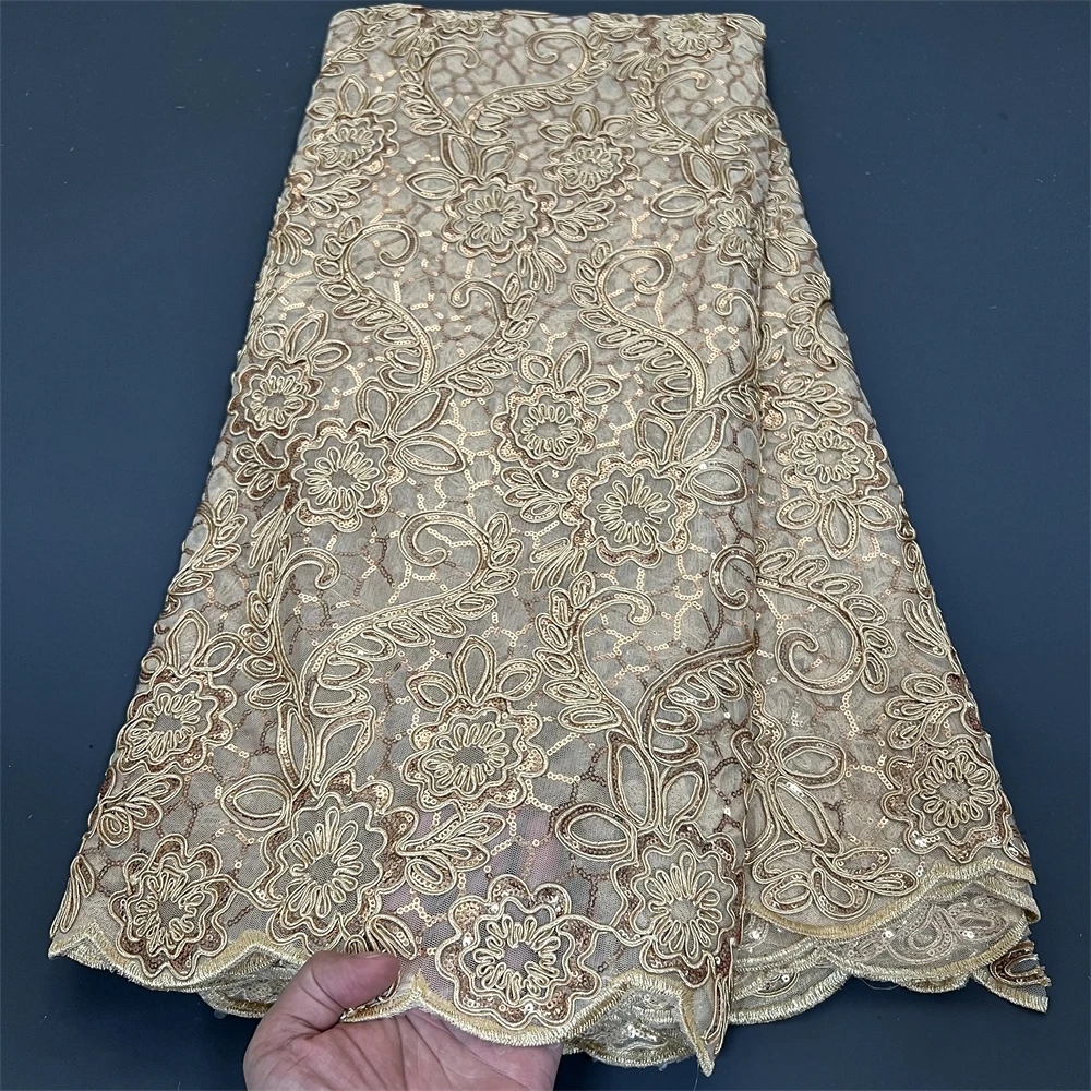

2025 High Quality African Nigerian Tulle Lace Fabric Embroidery Sequins French Guipure Wedding Party Dress Beaded 5YardsPS0039
