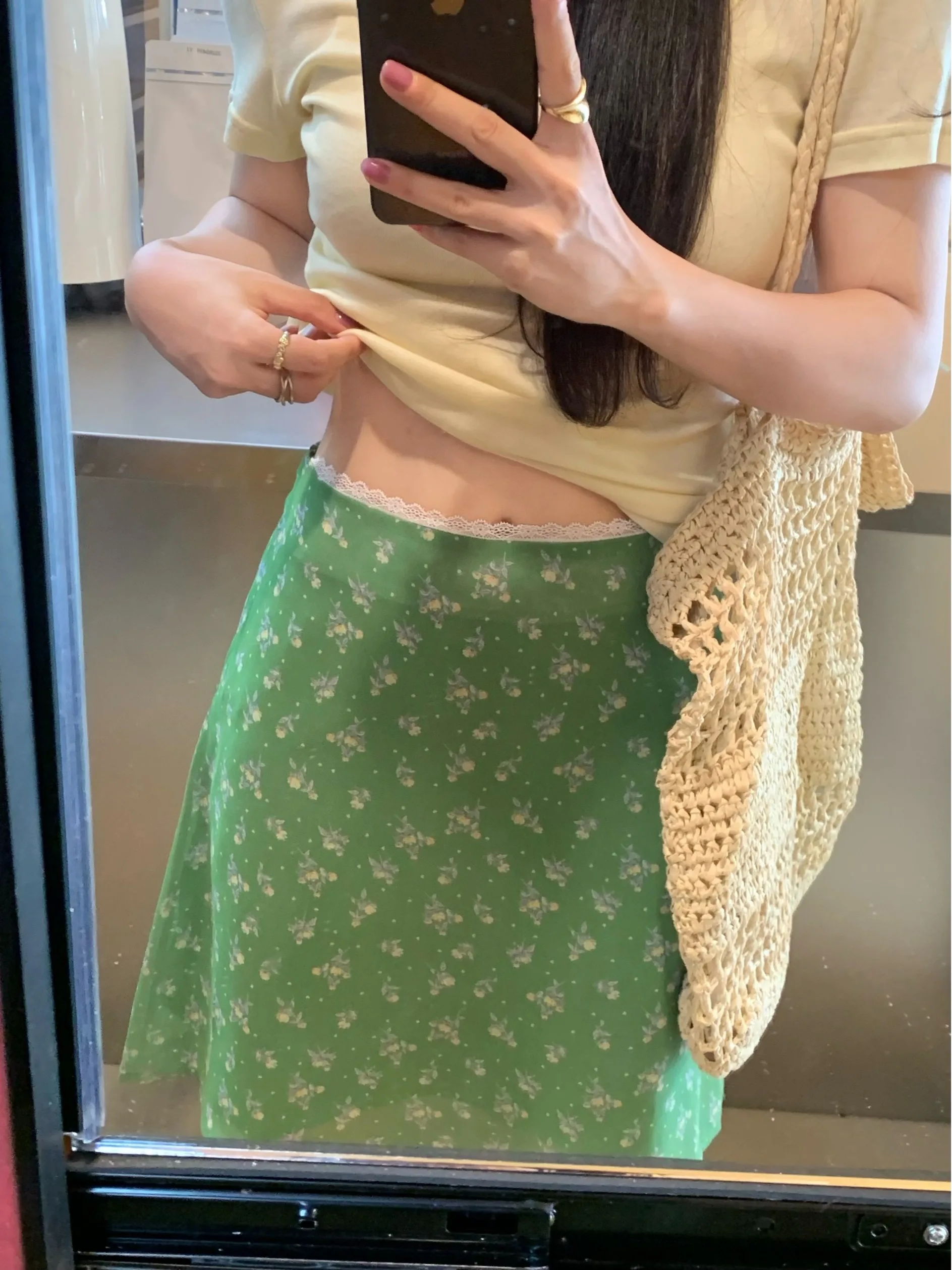 Korean Style Summer New Floral Print Skirt Half-length Beautiful Unique Commute High-waist A-line Skirt without Safety Pant
