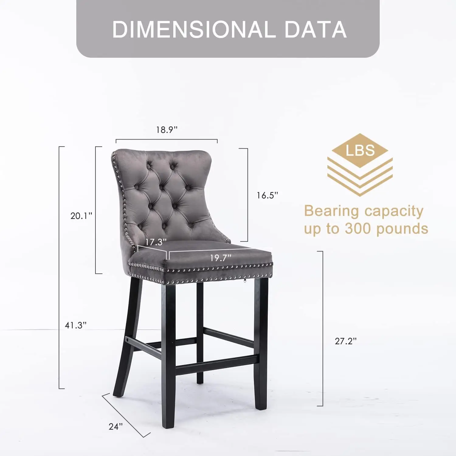 벨벳 바 스툴 4개 세트, 27' 카운터 높이, 등받이가 있는 덮개, 나무 다리, 회색
