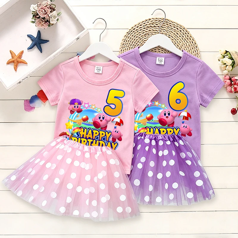 

Cute Kirbys Girl T-shirt Skirt 2pcs Set Birthday Party Short Sleeves Polka Dot Skirt Fashion Tees Children Kawaii Clothes Gift