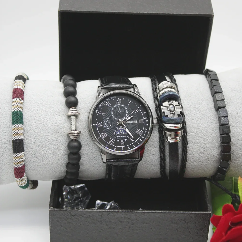 스테인레스 스틸 방수 시계 세트, 레트로 패션 팔찌, 운동용 상자 포함, 5 개