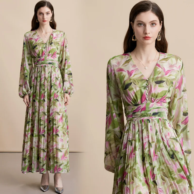 تنورة طويلة من Ele V-Ne مطبوعة بالورود Dr للتخسيس بخصر عالٍ، تنورة طويلة من نسيج البوليستر على الشارع Sve Maxi Dr للنساء