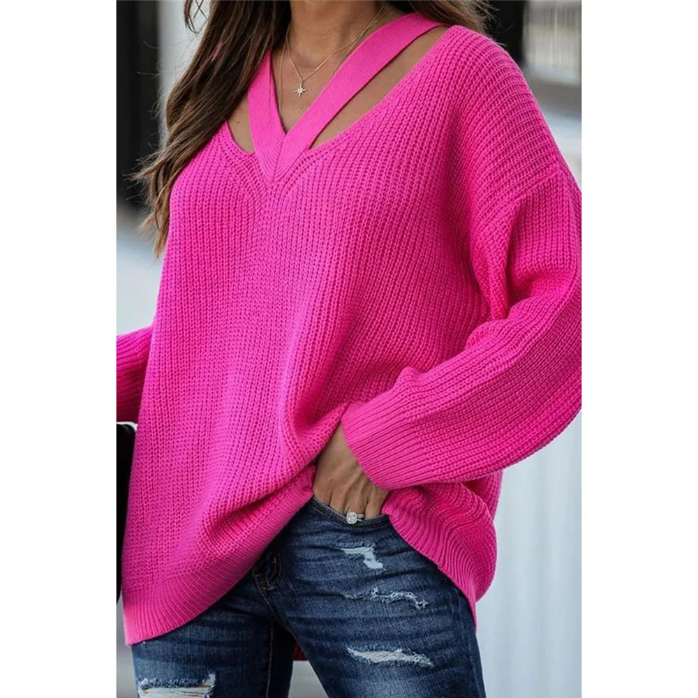 Autumn Winter Casual Daily Sweater V Neck Hollowed Loose Long Sleeve Hot Pink Solid Color Knitted Sweater