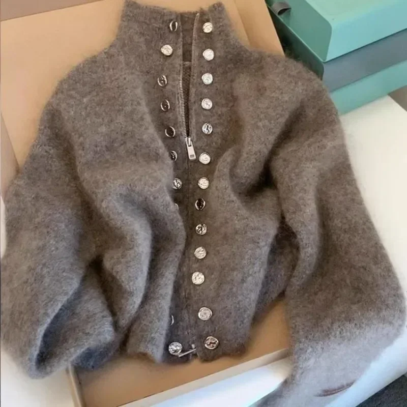 Luksusowy puszysty sweter z dzianiny Sweter z podwójnymi piersiami Płaszcz damski Jesień Zima Wysokiej klasy leniwy zamek błyskawiczny Dzianinowy top