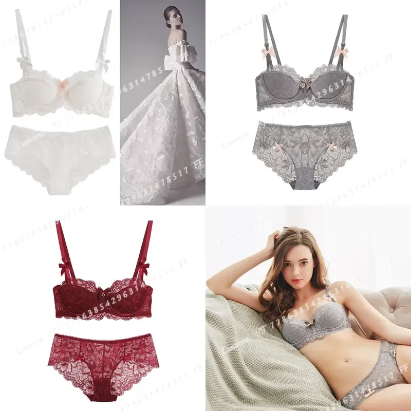 European French Style Lace Bralette Set AB Cup Wireless Push Up Comfortable Bow Design for Small Bust or Plus Size Chubby