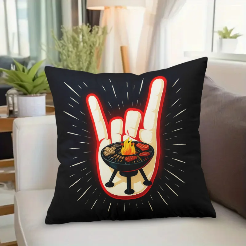 Funny BBQ Pillow Case, Grilling Hand Sign Cushion Cover, Summer Party Home Decor Throw Pillow Slipcover for Sofa Patio