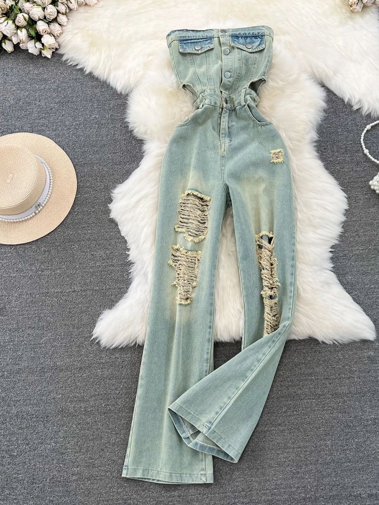 Women Retro Strapless Jumpsuit Sexy Hollow Out Waist Single Breasted Summer Casual High Waist Slim Holed Denim Wide Leg Jumpsuit