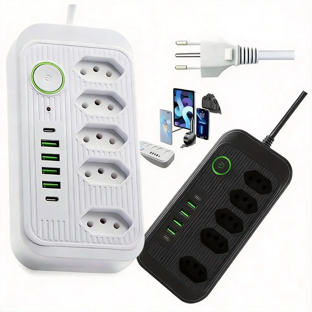 Extensão Elétrica com 5 Tomadas Bivolt, 4 USB e USB-C, Cabo de Força para Casa e Escritório com Proteção Contra Sobrecarga